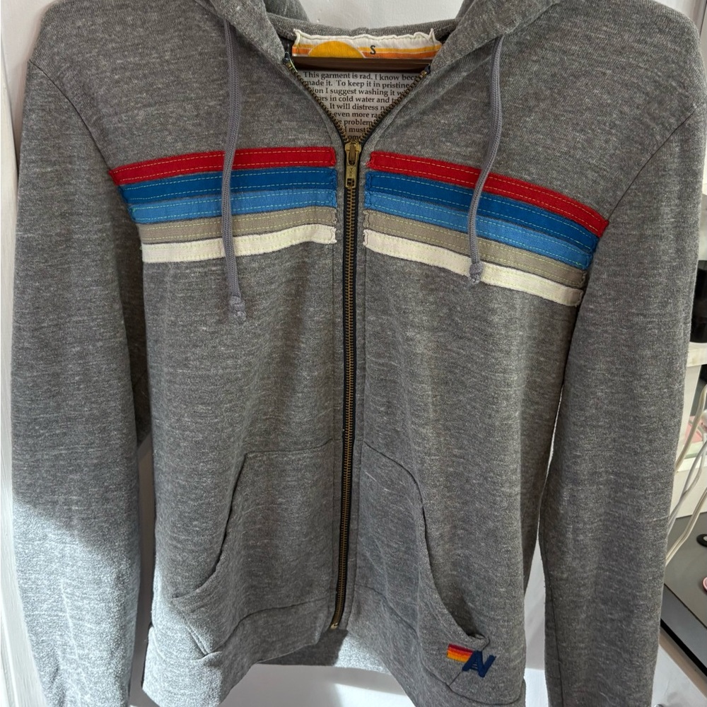 Aviator Nation Gray Zip-Up Sweater with Red, Blue, and White Stripes